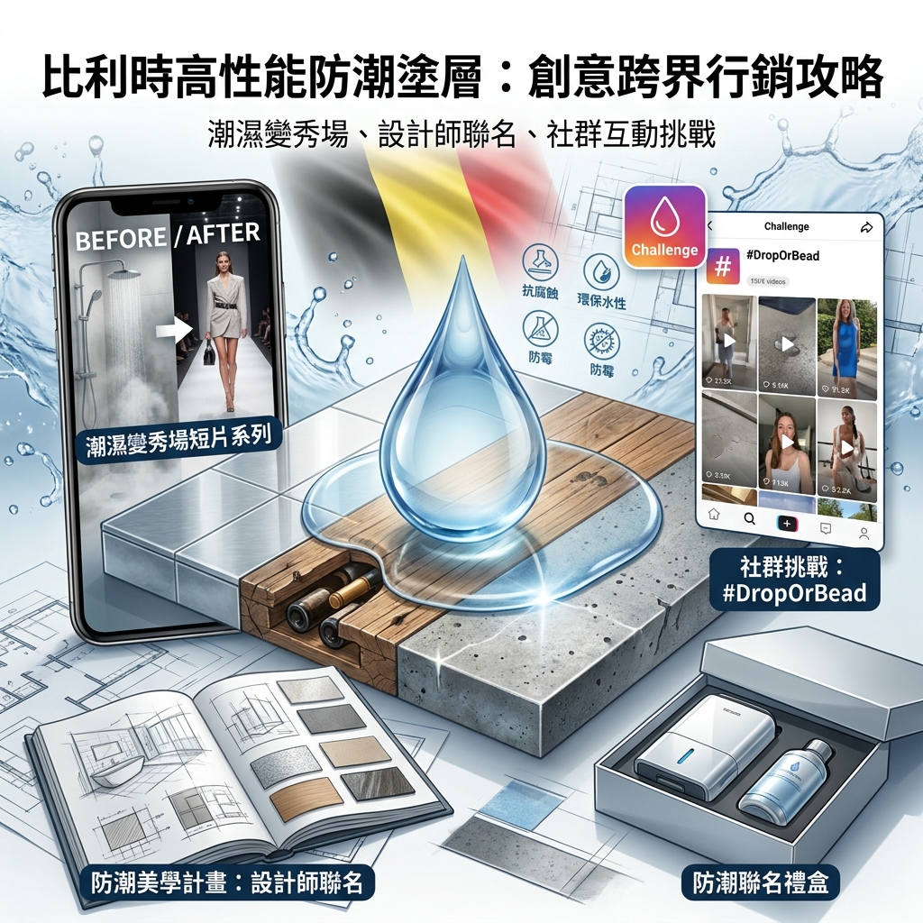 比利時高性能防潮塗層的創意跨界行銷攻略封面，融合科技與生活場景。