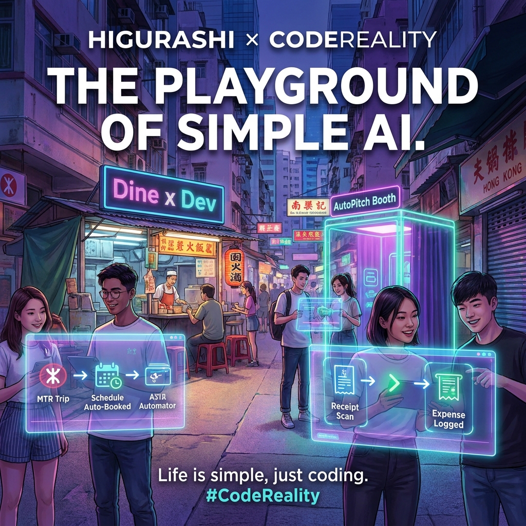 A futuristic, augmented reality Hong Kong street scene where creators interact with glowing, playful AI automation interfaces.