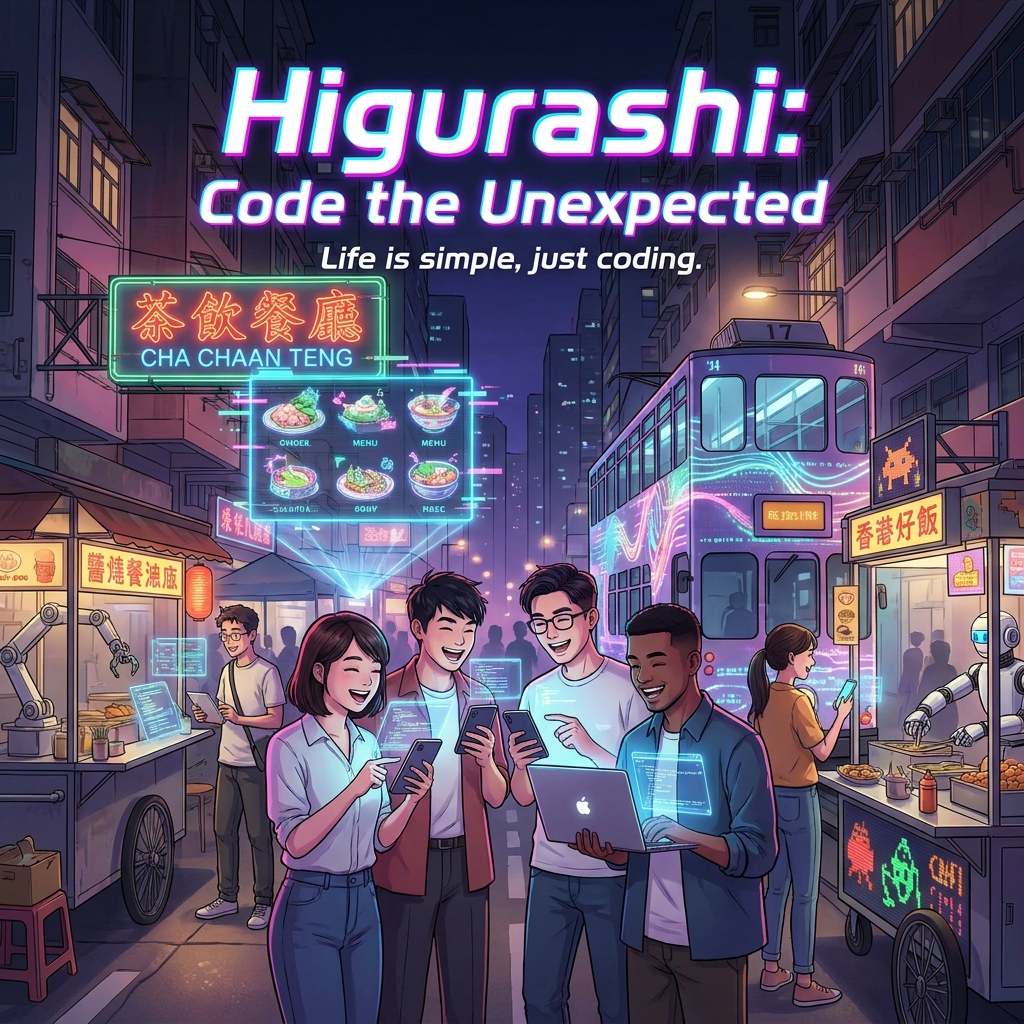 A vibrant Hong Kong street scene where AI playfully transforms local culture, with young creators coding unexpected interactions under the Higurashi brand.