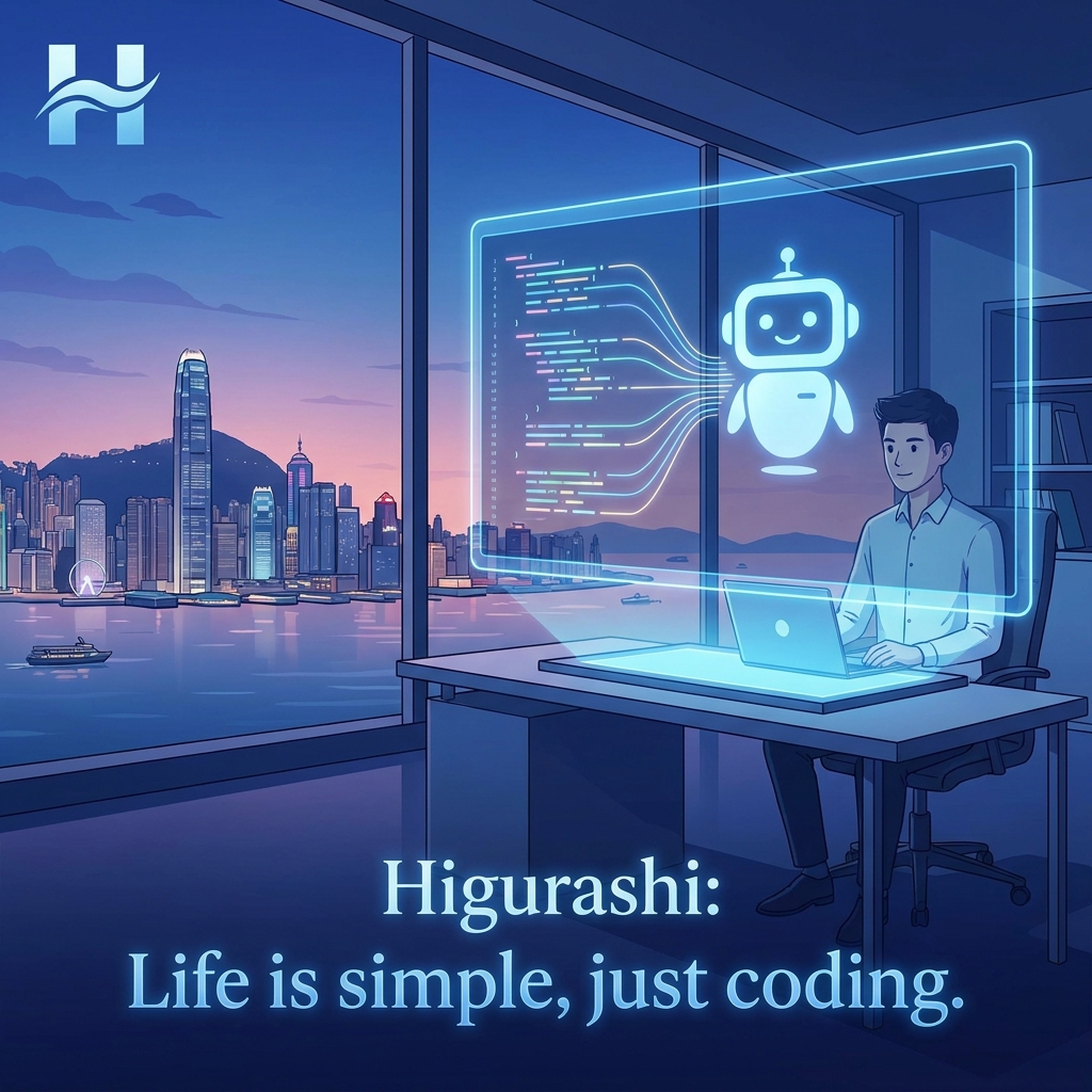 A modern, illustrated cover showing a person coding in a Hong Kong skyline, with integrated AI elements and the text "Higurashi: Life is simple, just coding."