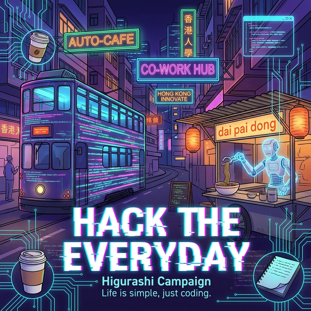 一個充滿活力的插畫封面，將香港街頭文化與發光的代碼和自動化元素融合，標題為「HACK THE EVERYDAY」。