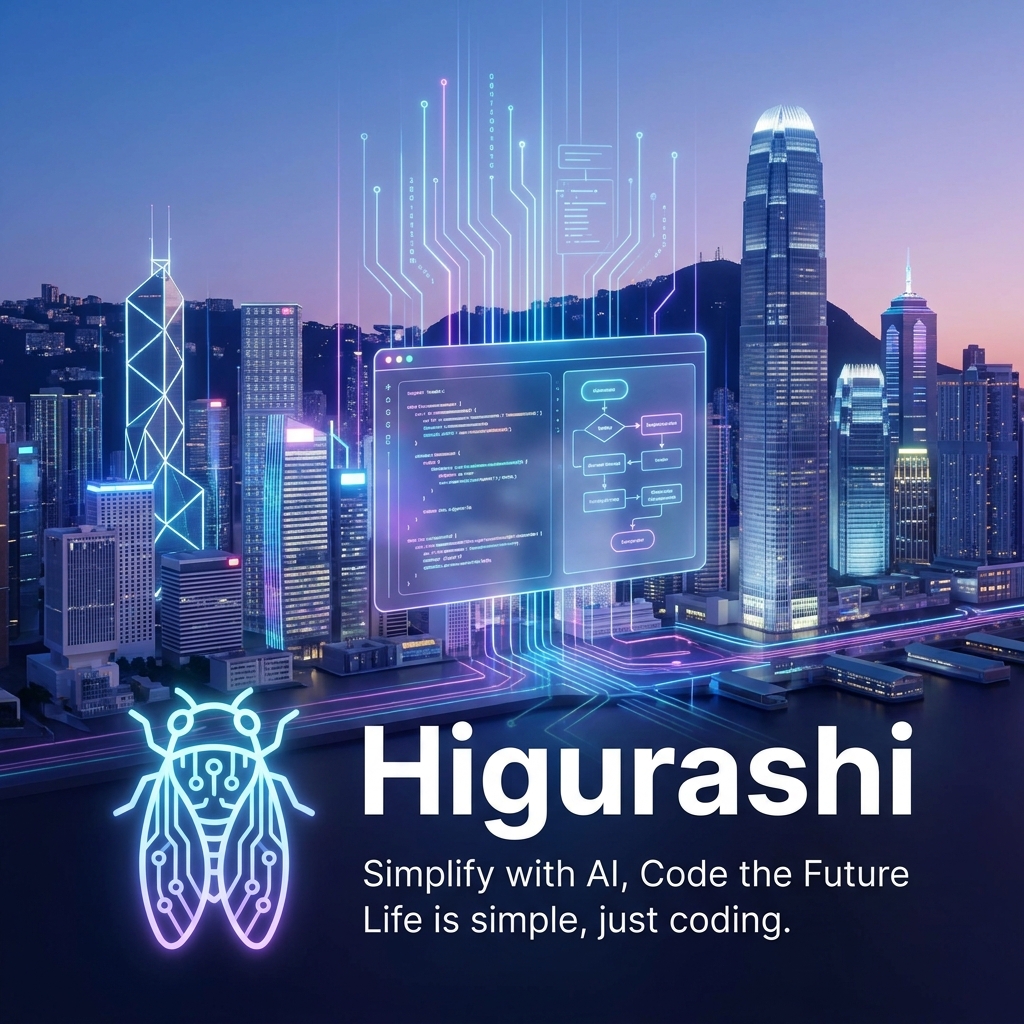 A futuristic 3D digital illustration of a Hong Kong skyline with glowing code and AI elements.