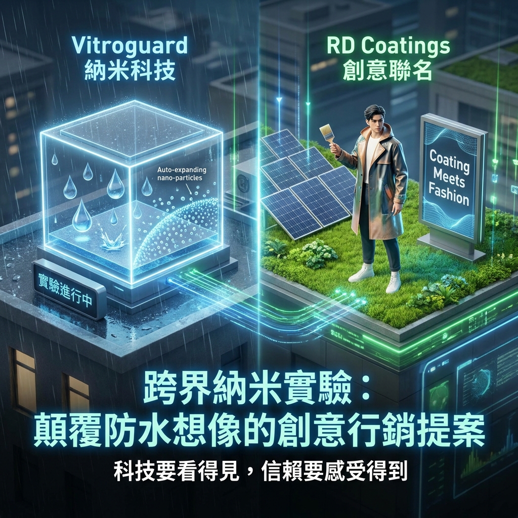 跨界實驗：透明盒中納米顆粒遇水膨脹，模特兒展示防水塗料時尚穿搭，兩者交織。