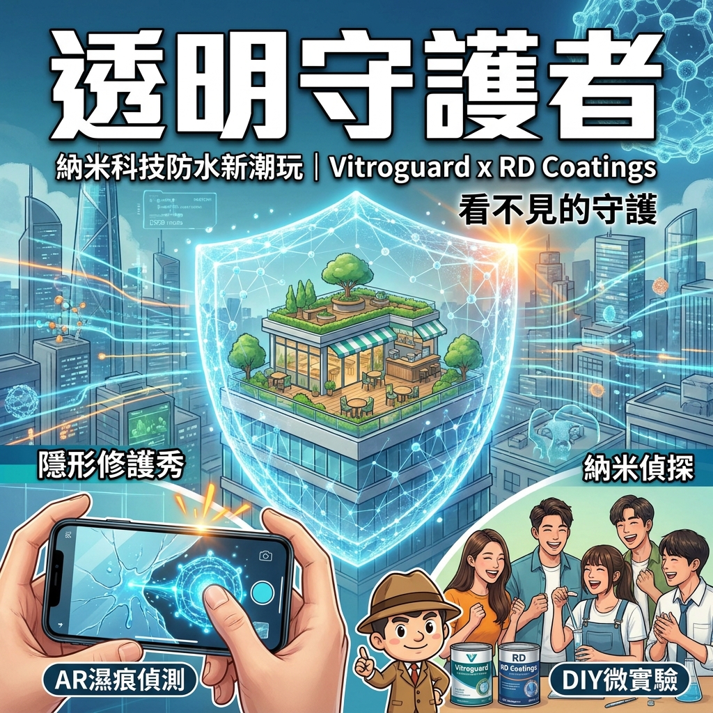 一張充滿科技感與趣味的跨界行銷活動封面圖，展現透明納米防護科技如何守護城市與生活。