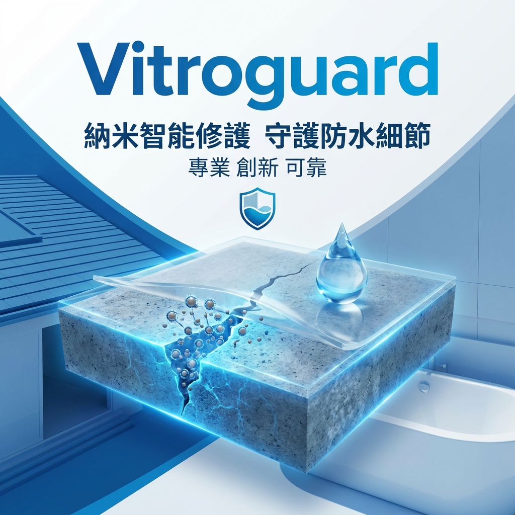 這張封面圖透過納米粒子修復裂縫的3D示意，展現Vitroguard智能防水的專業與創新。