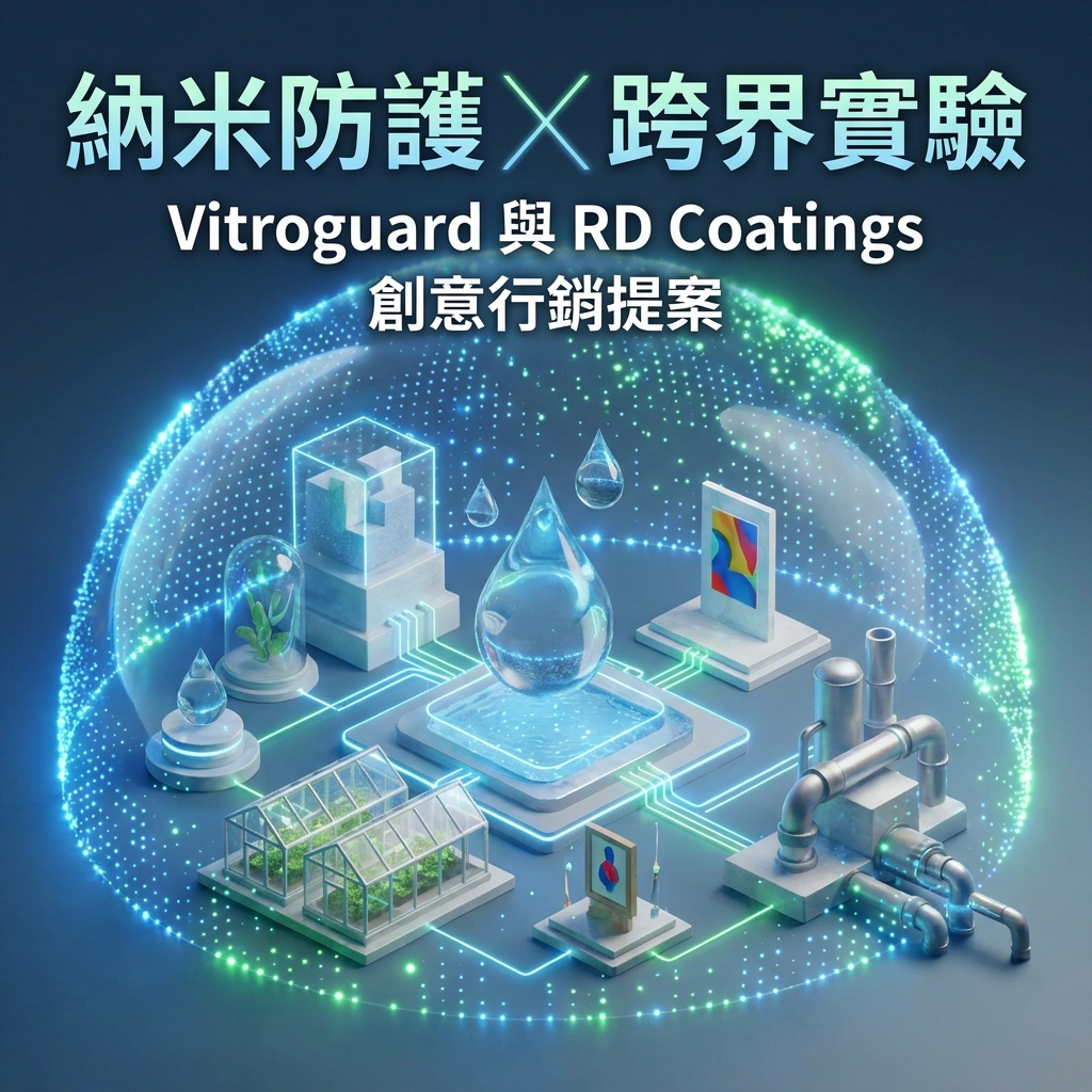 一張融合科技與藝術的3D渲染概念圖，展現納米防護與跨界實驗的主題。