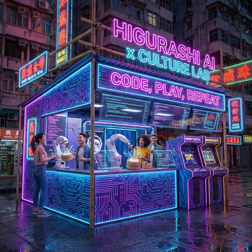 A futuristic Hong Kong night market stall glowing with neon code, where diverse entrepreneurs play with AI automation tools under a sign that says "AI x Culture Lab."