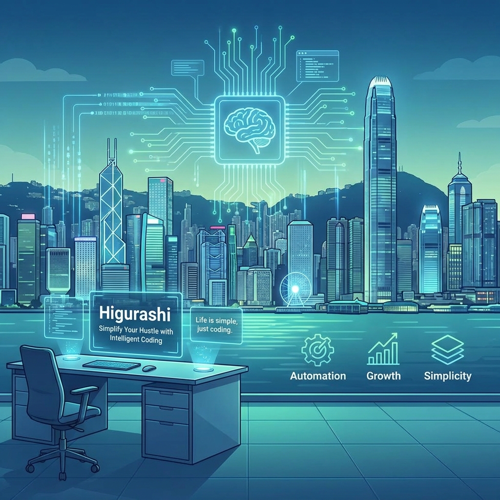 A futuristic Hong Kong skyline illuminated by a glowing AI network and the text "Higurashi: Simplify Your Hustle."