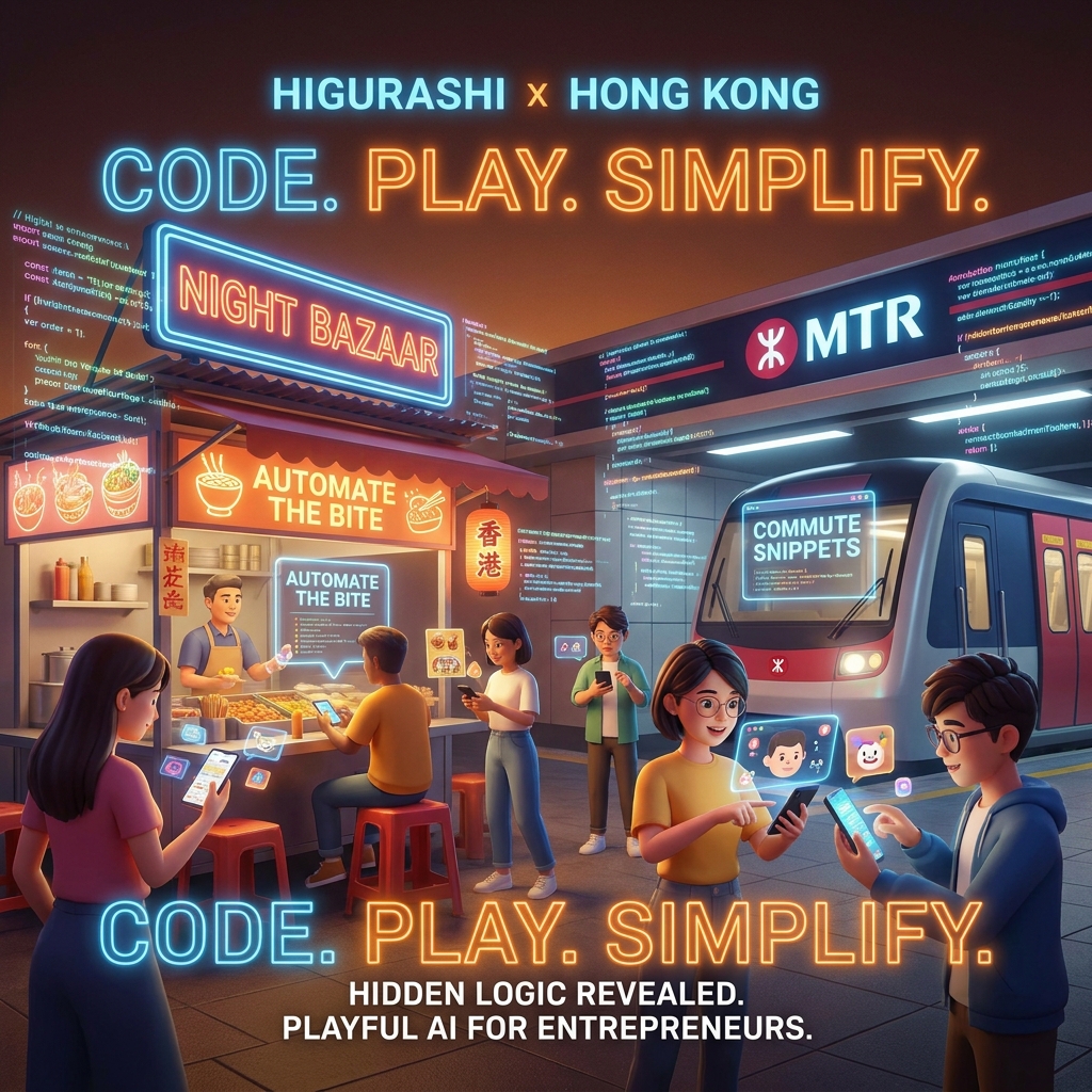 A vibrant, futuristic cover image showing a Hong Kong night market and MTR station overlayed with playful, glowing code and holographic interfaces.