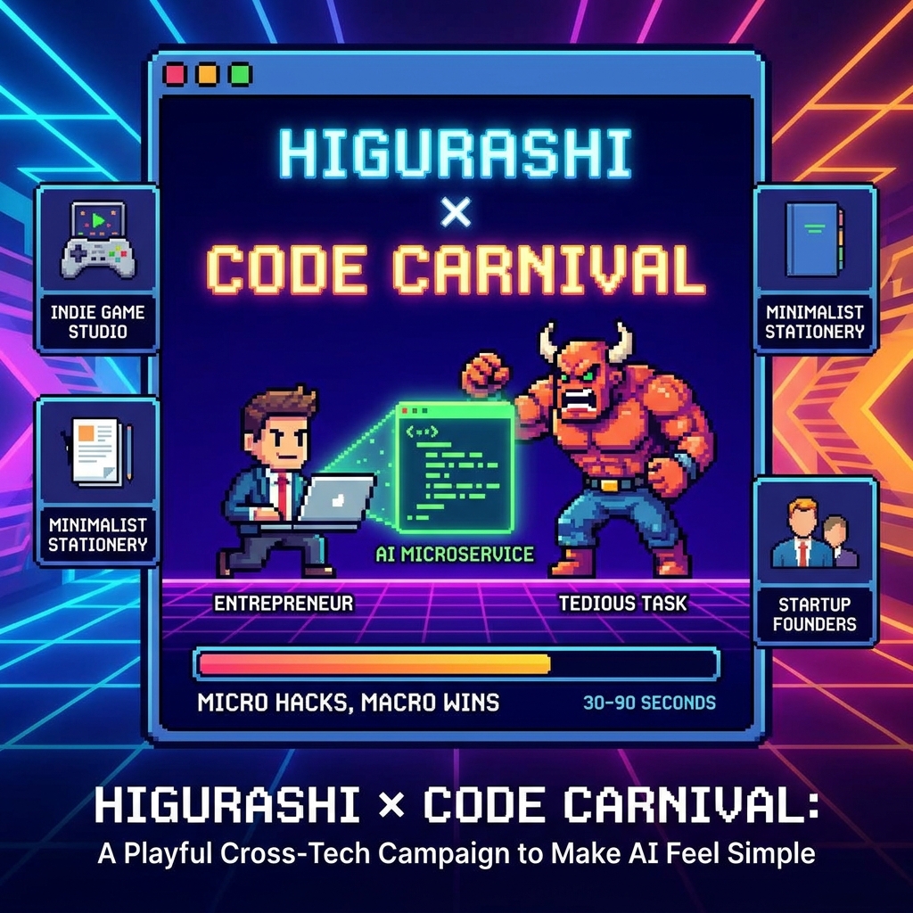 Retro arcade-style poster with a pixelated entrepreneur "beating" a task boss using a code block, under the title "HIGURASHI × CODE CARNIVAL."