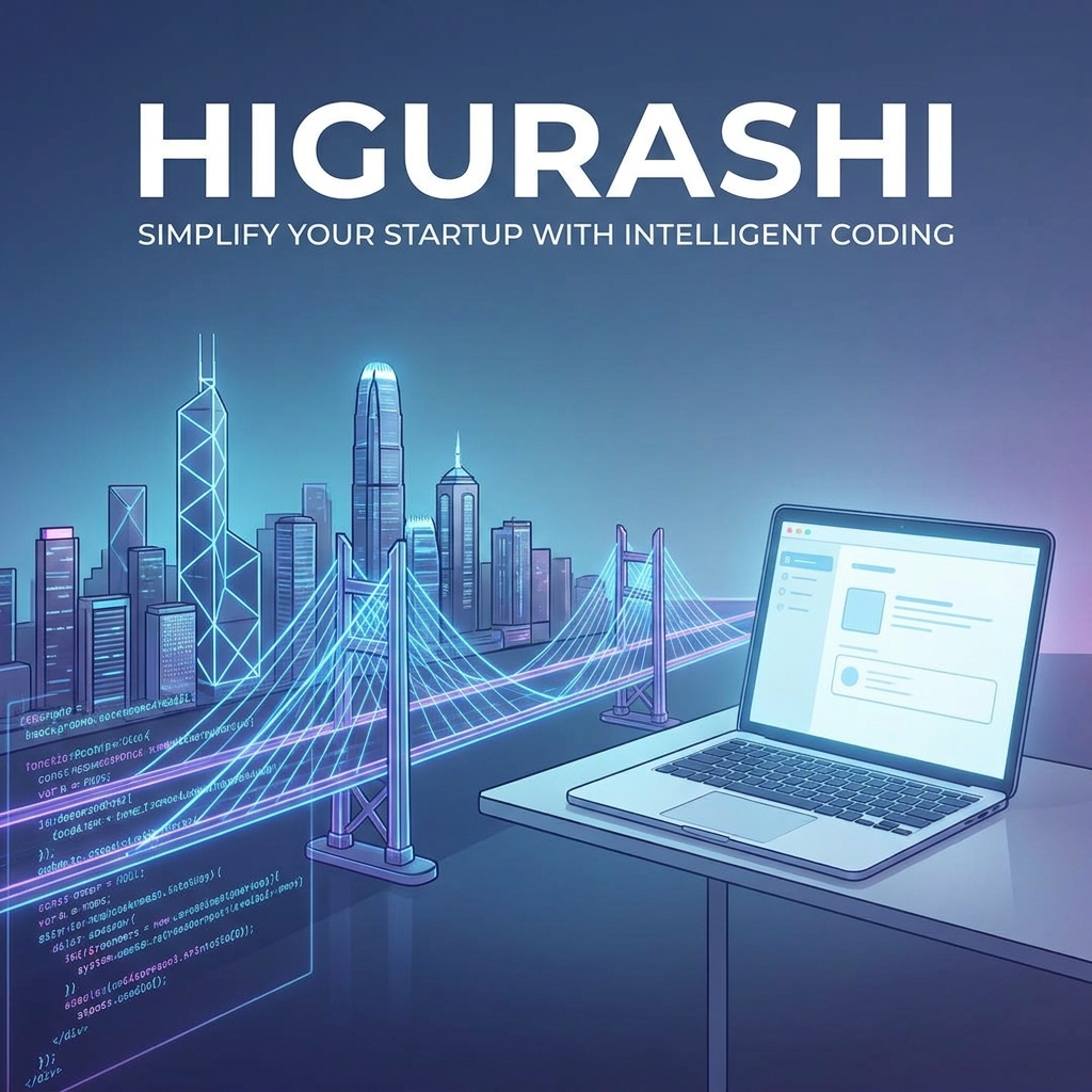 A futuristic digital illustration of a glowing code-bridge connecting a Hong Kong skyline to a clean, modern laptop on a desk, with the text "HIGURASHI" and "SIMPLIFY YOUR STARTUP WITH INTELLIGENT CODING" in blue and white.